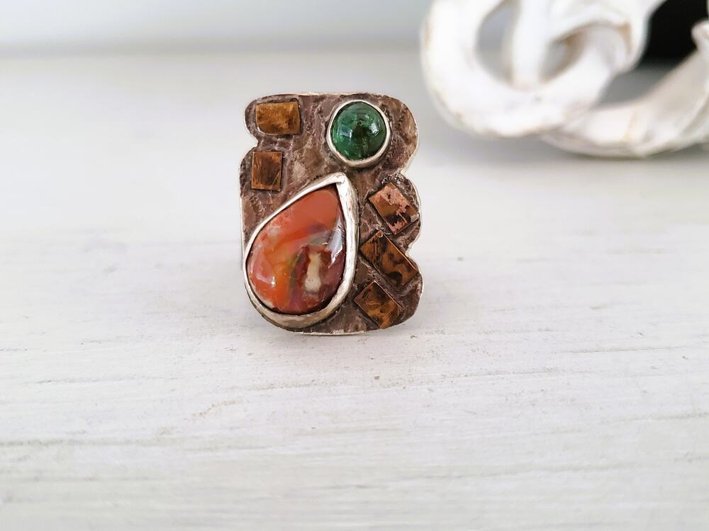 Vintage Sterling Silver Turquoise and Coral Wide Band Ring